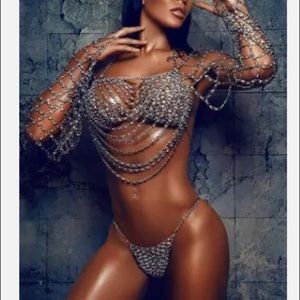 Crystal Encrusted Silver Chain Draped Lingerie Set